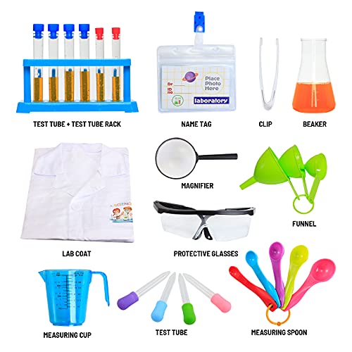 deAO Laboratorio de Ciencias Kit para Principiantes Juego de Imitación para Niños y Niñas Incluye Manual de Experimentos, Bata, Tarjeta de Identificación y Accesorios de Laboratorio Característicos