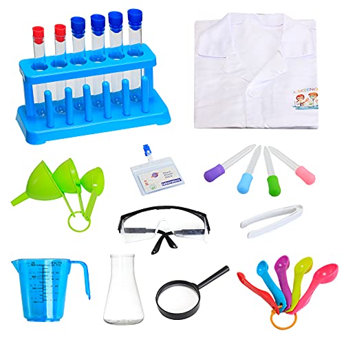 deAO Laboratorio de Ciencias Kit para Principiantes Juego de Imitación para Niños y Niñas Incluye Manual de Experimentos, Bata, Tarjeta de Identificación y Accesorios de Laboratorio Característicos