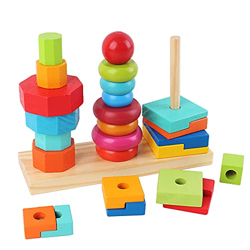 deAO Torre de Bloques de Construcción Apilables de Madera Juego Infantil Diseño Colorido y Seguro de Apilar, Equilibrio y Habilidad Juguete Educativo para el Desarrollo Temprano Niños y Niñas