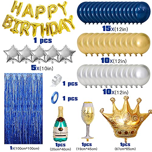 Decoración de Cumpleaños Fiesta Hombres Azul Platay Oro Globos Fiesta Cumpleaños para Adultos Hombres Amigos Mujeres,Birthday Bandera Globo Cortina seda lluvia para 18vo 20o 30o 40o 50o 60o 70mo