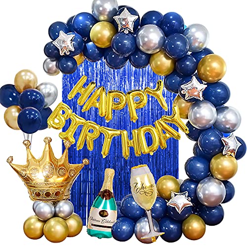 Decoración de Cumpleaños Fiesta Hombres Azul Platay Oro Globos Fiesta Cumpleaños para Adultos Hombres Amigos Mujeres,Birthday Bandera Globo Cortina seda lluvia para 18vo 20o 30o 40o 50o 60o 70mo