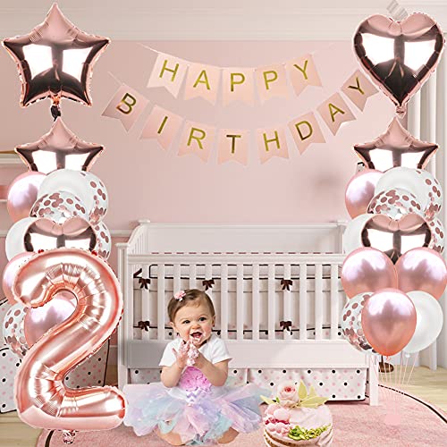 Decoración de Cumpleaños Oro Rosa, 2er Bebe Globo, Globos de Látex Confeti, Pancarta de Happy Birthday, Estrellas y Corazones de Papel de Aluminio, para Niñas y Mujeres Fiesta