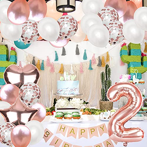 Decoración de Cumpleaños Oro Rosa, 2er Bebe Globo, Globos de Látex Confeti, Pancarta de Happy Birthday, Estrellas y Corazones de Papel de Aluminio, para Niñas y Mujeres Fiesta