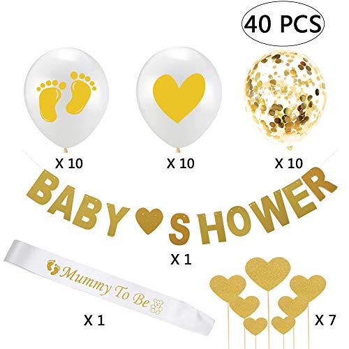 Decoracion Fiesta Baby Shower, Yuccer 40 PCS Accesorios para Baby Shower con Globos Baby Shower, Banda Mama, Guirnalda Bebe y Cupcake Toppers (Oro)