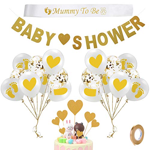 Decoracion Fiesta Baby Shower, Yuccer 40 PCS Accesorios para Baby Shower con Globos Baby Shower, Banda Mama, Guirnalda Bebe y Cupcake Toppers (Oro)