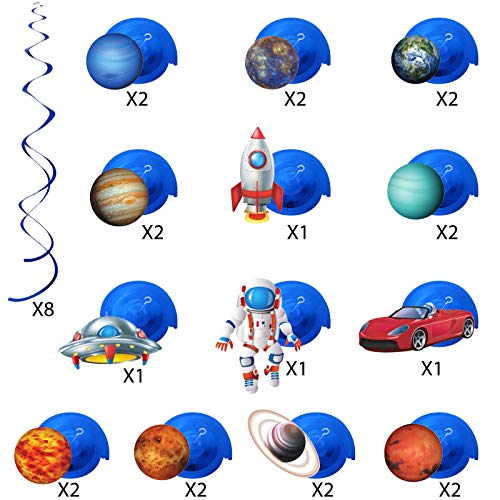 Decoraciones de Remolinos Colgantes de Fiesta de Espacio Exterior, Remolinos de Lámina de Letrero Planeta Azul Sistema Solar Cohete UFO Astronauta de techo para Niños Espacio Cumpleaños, 30 Piezas