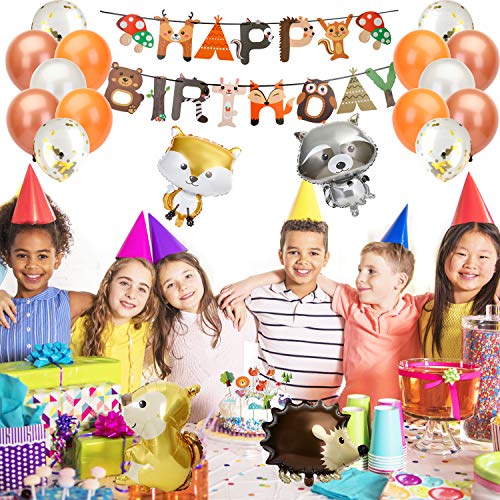 Decoraciones Forestales, Pancarta de Feliz Cumpleaños, Globos de Latex, Globos de Animales,Adorno de Tartas,Stickers Animales,Decoraciones de Fiesta de Cumpleaños para Niños y Niñas