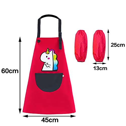 Delantal para niños, bata de pintura para niños, delantal para niños, delantal de dibujo de unicornio, con bolsillos, bata de chef para niños y niñas (rojo-1)