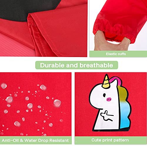 Delantal para niños, bata de pintura para niños, delantal para niños, delantal de dibujo de unicornio, con bolsillos, bata de chef para niños y niñas (rojo-1)