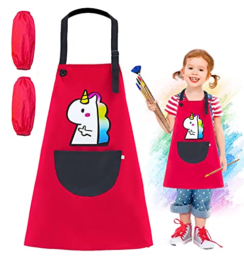 Delantal para niños, bata de pintura para niños, delantal para niños, delantal de dibujo de unicornio, con bolsillos, bata de chef para niños y niñas (rojo-1)