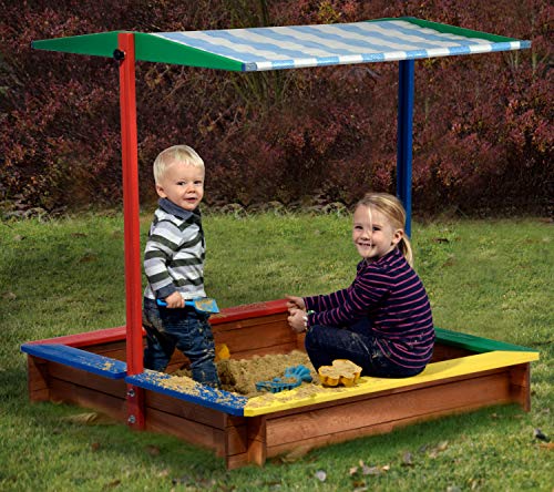 Desconocido 94355 FSC - Caja de Arena con Techo de Madera, tamaño XL Cuadrado, Caja de Arena para los niños al Aire Libre Techo Solar, de 120 x 120 x 125 cm, de Madera FSC, Colorido