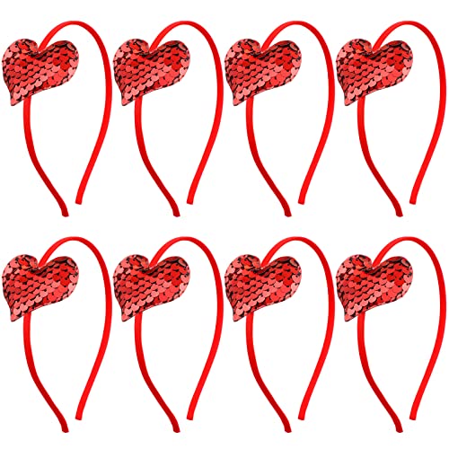 Diadema de Corazón de San Valentín, 8 Diademas de Lentejuelas de Amor Rojo Accesorios de Disfraces de Cupido Aro de Banda de Cabello con Purpurina para Mujeres Niñas Niños Adultos Año Nuevo