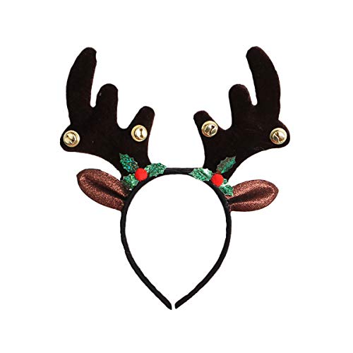 Diadema de cuernos de reno para fiestas de Navidad y Pascua, diademas de cornamentas de ciervo con campanas lindas orejas de reno - negro - M