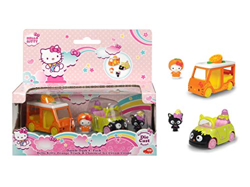 Dickie Toys Hello Kitty Orange + Chocolat Ice Cream - Coche de Juguete (2 Unidades, Aluminio Fundido, Figuras extraíbles, Longitud del vehículo: 6 cm, tamaño de la Figura: 2,5 cm, a Partir de 3 años)