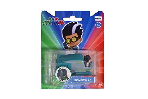 Dickie Toys PJ Masks - Vehículo de Laboratorio Romeo's Labor Flitzer de Metal, Rueda Libre, 7 cm, a Partir de 3 años