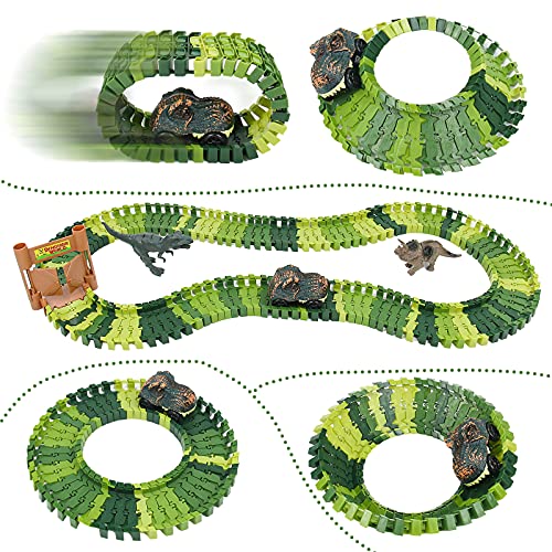 Dinosaurios Juguetes Pistas Circuito de Dinosaurio Tren Juguete Pistas de Coches de Juguetes Para Niños Vehículo Juego de Dinosaurios, Pista Flexible Regalos Educativos Para Niño 3 4 5 Años - 147 Pcs