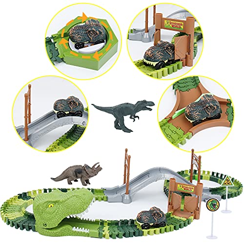 Dinosaurios Juguetes Pistas Circuito de Dinosaurio Tren Juguete Pistas de Coches de Juguetes Para Niños Vehículo Juego de Dinosaurios, Pista Flexible Regalos Educativos Para Niño 3 4 5 Años - 147 Pcs