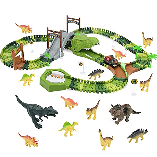 Dinosaurios Juguetes Pistas Circuito de Dinosaurio Tren Juguete Pistas de Coches de Juguetes Para Niños Vehículo Juego de Dinosaurios, Pista Flexible Regalos Educativos Para Niño 3 4 5 Años - 147 Pcs