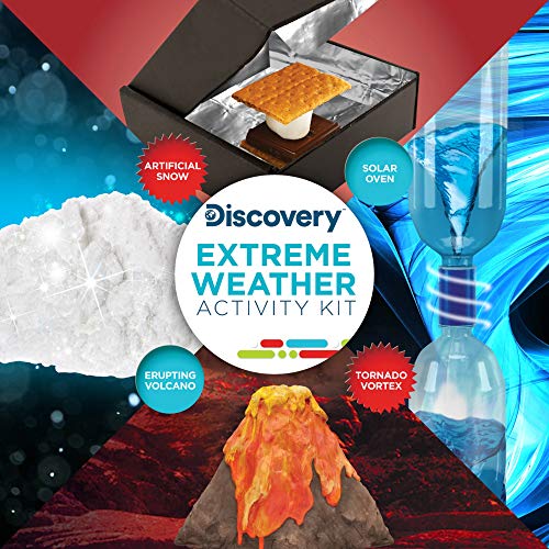 Discovery Kids Kit de ciencia para clima extremo por Horizon Group Usa, realiza 4 experimentos de feria científica, vórtice de tornado, volcán errupción, horno solar y nieve artificial