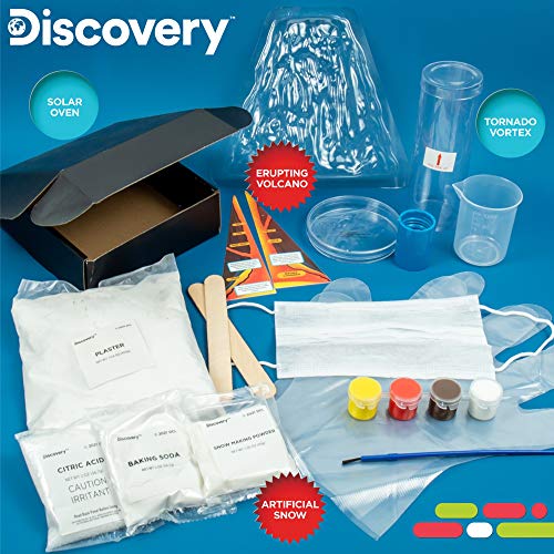 Discovery Kids Kit de ciencia para clima extremo por Horizon Group Usa, realiza 4 experimentos de feria científica, vórtice de tornado, volcán errupción, horno solar y nieve artificial