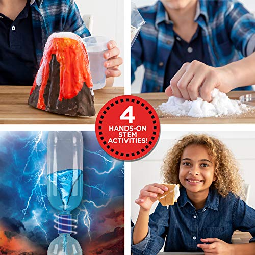 Discovery Kids Kit de ciencia para clima extremo por Horizon Group Usa, realiza 4 experimentos de feria científica, vórtice de tornado, volcán errupción, horno solar y nieve artificial