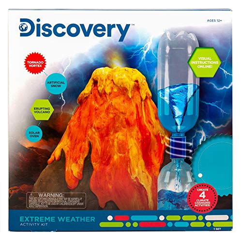 Discovery Kids Kit de ciencia para clima extremo por Horizon Group Usa, realiza 4 experimentos de feria científica, vórtice de tornado, volcán errupción, horno solar y nieve artificial