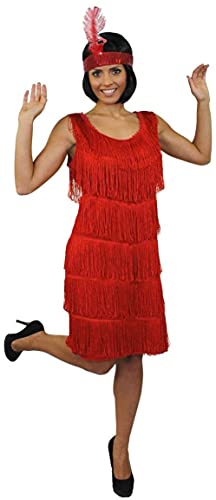 DISFRAZ DE FLAPPER DE LUJO PARA MUJER - VESTIDO CON FLECOS DE LOS AÑOS 20 EN ROJO CON UN TOCADO DE LENTEJUELAS DE PLUMAS A JUEGO DE LOS AÑOS 20 CHARLESTON - TALLA: XX-GRANDE (EUR 46/48)