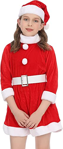 Disfraz de Máma Noel para Chicas, Vestido Rojo con Cinturón y Gorro de Navidad para Cosplay de Papá Noel, 3pcs (1-3 años)