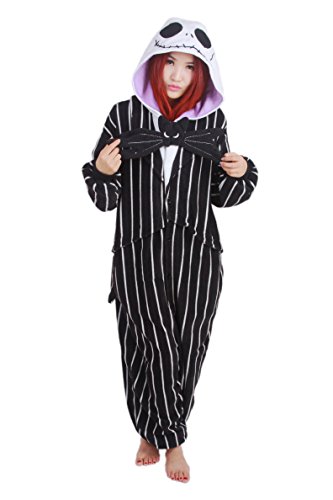 Disfraz de Pesadilla antes de Navidad, Jack Skellington, esqueleto, mono, para hombres y mujeres adultos, unisex, animal, kigurumi, cosplay, pijama, Nonopnd, de una pieza, disfraz de Halloween, prenda de vestir