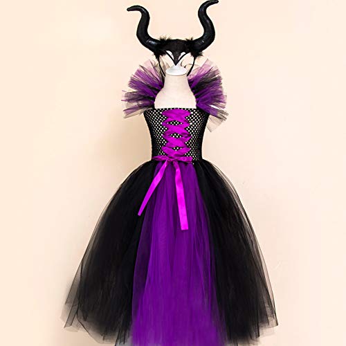 Disfraz de princesa maléfica para niñas, vestido de tul y de punto hecho a mano con cuernos y alas de bruja malvada para Halloween, Carnaval, cosplay o fiestas