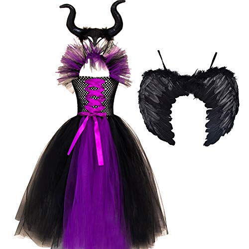 Disfraz de princesa maléfica para niñas, vestido de tul y de punto hecho a mano con cuernos y alas de bruja malvada para Halloween, Carnaval, cosplay o fiestas