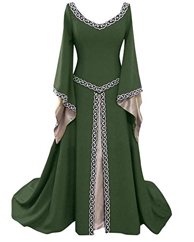 Disfraz Medieval para Mujer Vestido Manga Larga Bordado Renacentista Cosplay Verde 4XL