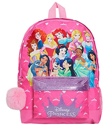 Disney Mochila de princesa con todas las princesas oficiales para niñas, mochila escolar grande, con purpurina, color rosa, Pink, Talla única, Mochila