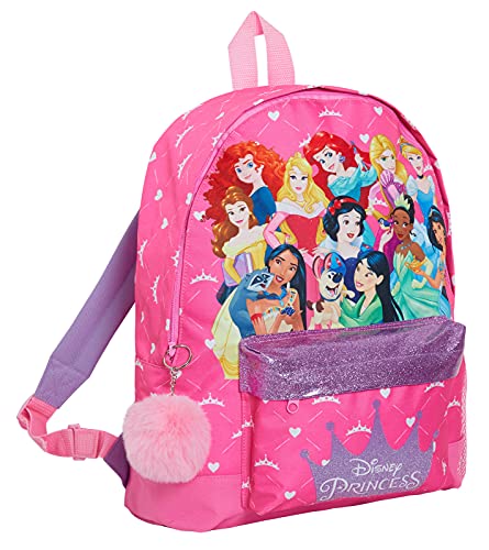 Disney Mochila de princesa con todas las princesas oficiales para niñas, mochila escolar grande, con purpurina, color rosa, Pink, Talla única, Mochila