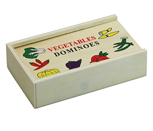 Divertido dominó Infantil de Madera. Fichas con Figuras de Frutas, Vegetales y animalitos. con 28 Piezas presentado en Estuche de Madera con Tapa. (Vegetales)