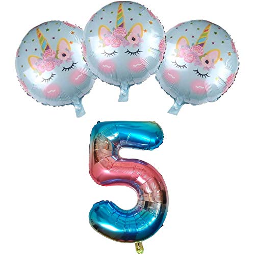 DIWULI, Globos número XL + Unicornio Globos, Numero 5, Arco Iris Azul, Globos de números Aluminio años Grande, 5° Cumpleãnos niña niño Joven, Fiestas, decoración, Birthday Decoracion, Boda, Unicorn