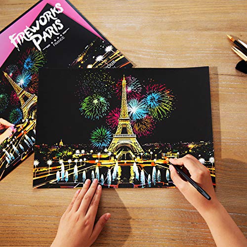 DOITEM Scratch Art Paper 405 x 285 mm Vista nocturna Scratchboard Paisaje de ciudade famosa del mundo Conjunto de arte para bricolaje con kit de herramientas especializada con Plantilla(Torre Eiffel)