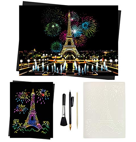 DOITEM Scratch Art Paper 405 x 285 mm Vista nocturna Scratchboard Paisaje de ciudade famosa del mundo Conjunto de arte para bricolaje con kit de herramientas especializada con Plantilla(Torre Eiffel)