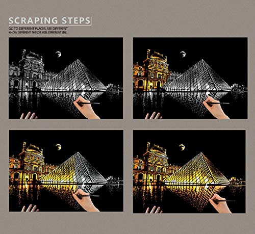 DOITEM Scratch Art Paper 405 x 285 mm Vista nocturna Scratchboard Paisaje de ciudade famosa del mundo Conjunto de arte para bricolaje con kit de herramientas especializada con Plantilla(Torre Eiffel)