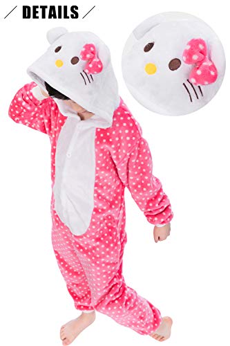 Dolamen Niños Unisexo Onesies Kigurumi Pijamas, Niña Traje Disfraz Animal Pyjamas, Ropa de Dormir Halloween Cosplay Navidad Animales de Vestuario (110-120CM (435"-47"), Hellokitty)