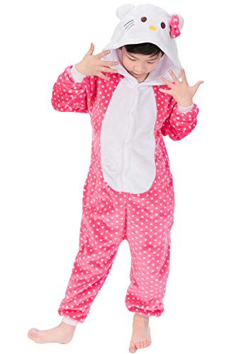 Dolamen Niños Unisexo Onesies Kigurumi Pijamas, Niña Traje Disfraz Animal Pyjamas, Ropa de Dormir Halloween Cosplay Navidad Animales de Vestuario (120-130CM (47"-51"), Hellokitty)