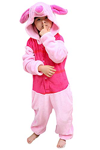 Dolamen Niños Unisexo Onesies Kigurumi Pijamas, Traje Disfraz Animal Pyjamas, Ropa de Dormir Halloween Cosplay Navidad Animales de Vestuario para Niñas 120-130CM (47 "-51") Piglet