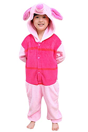 Dolamen Niños Unisexo Onesies Kigurumi Pijamas, Traje Disfraz Animal Pyjamas, Ropa de Dormir Halloween Cosplay Navidad Animales de Vestuario para Niñas 120-130CM (47 "-51") Piglet