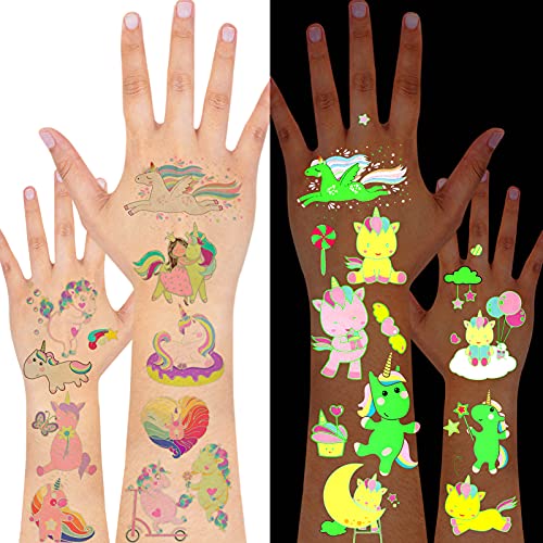 DPKOW Unicornio Tatuajes Temporales para niños,Luminoso Falso Tatuajes Pegatinas para niños niñas Fiestas Infantiles Unicornio cumpleaños de niños Regalo piñata,14 Hojas