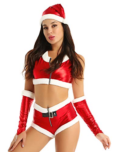 dPois Disfraz de Navidad para Mujer Sexy Disfraces Santa Noel Crop Top sin Mangas y Pantalón Mini y Gorro de Navidad Conjunto de Fiesta Navideño Cosplay Carnaval Mujer Rojo Large