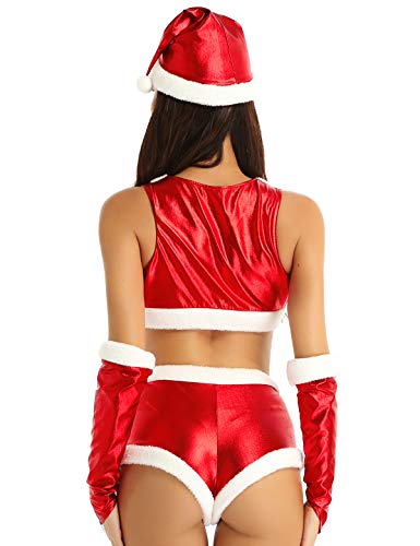 dPois Disfraz de Navidad para Mujer Sexy Disfraces Santa Noel Crop Top sin Mangas y Pantalón Mini y Gorro de Navidad Conjunto de Fiesta Navideño Cosplay Carnaval Mujer Rojo Large