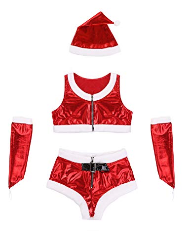 dPois Disfraz de Navidad para Mujer Sexy Disfraces Santa Noel Crop Top sin Mangas y Pantalón Mini y Gorro de Navidad Conjunto de Fiesta Navideño Cosplay Carnaval Mujer Rojo Large