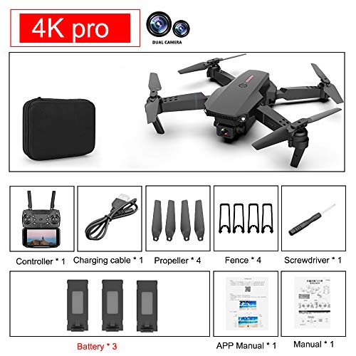 Drones E88 Pro 4K con cámara Dual para Adultos, niños y Principiantes, posicionamiento Visual de Drones Plegables WiFi FPV, cuadricóptero RC de preservación de Altura, Retorno automático