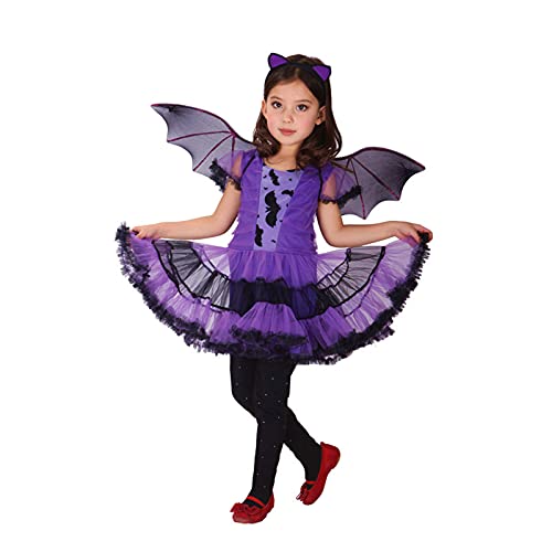 DXDUI Disfraz De Batgirl Púrpura para Halloween para Niñas Máscara para Niños Disfraz Bola Tela Elástica Licra Incluye Vestido Alas para La Cabeza para Fiesta Carnaval,XL