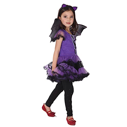 DXDUI Disfraz De Batgirl Púrpura para Halloween para Niñas Máscara para Niños Disfraz Bola Tela Elástica Licra Incluye Vestido Alas para La Cabeza para Fiesta Carnaval,XL